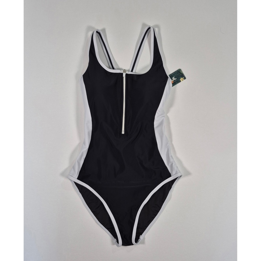 BMJL Womens Color Block Zip Front One Piece Swimsuit Black White New